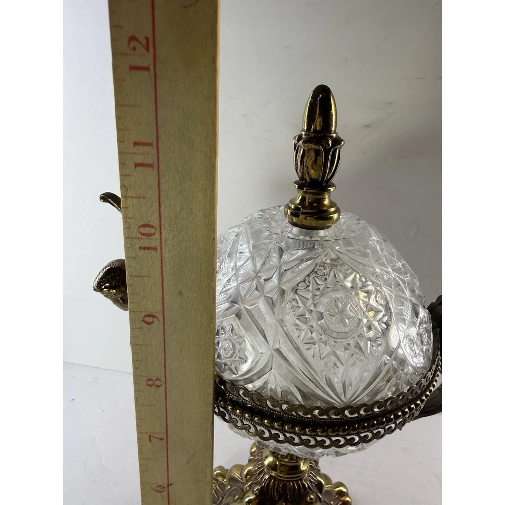 Vintage Hollywood Regency Cut Crystal Candy Dish Brass Cherub Lidded Compote